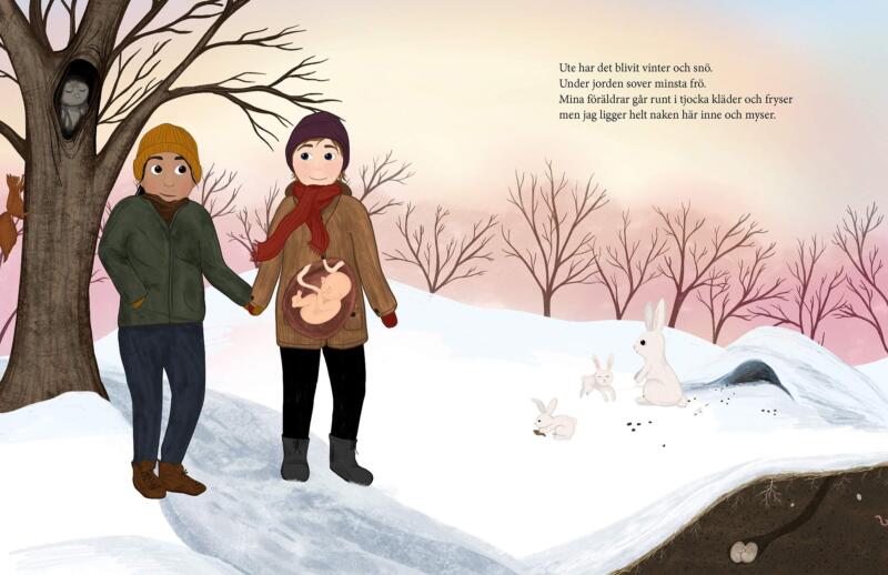 Uppslag från barnboken Min bebisresa där föräldrarna går tillsammans i ett vinterlandskap