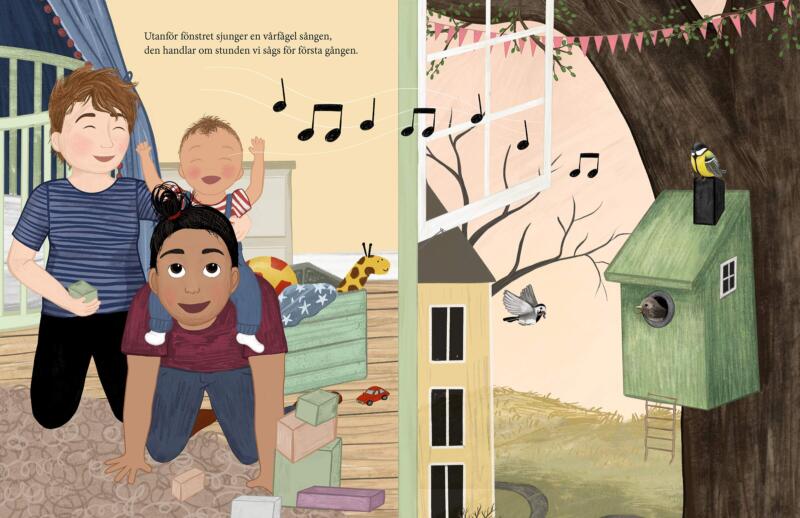 Uppslag från barnboken Min bebisresa där föräldrarna leker med sitt barn