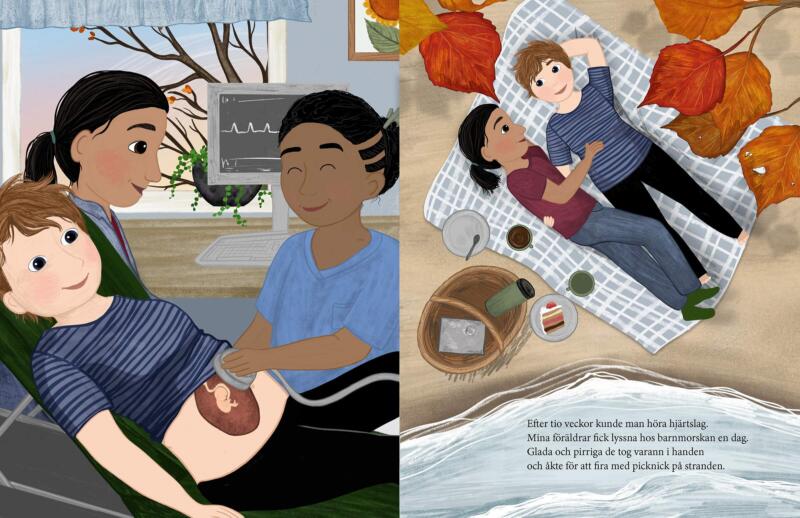 Uppslag från barnboken Min bebisresa där föräldrarna är hos barnmorskan och får lyssna på bebisens hjärtslag