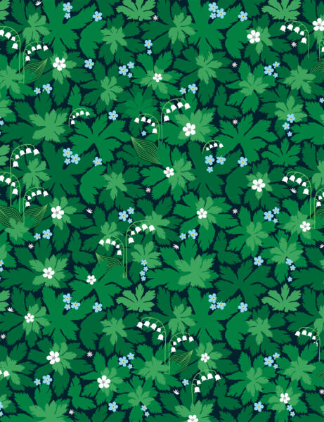 Somrigt mönster med skogsnäva, midsommarblomster, förgätmigej, liljekonvalj och grässtjärnblomma om  natten