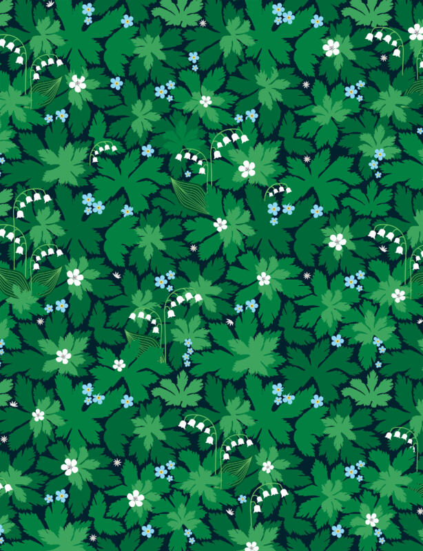 Somrigt mönster med skogsnäva, midsommarblomster, förgätmigej, liljekonvalj och grässtjärnblomma om  natten