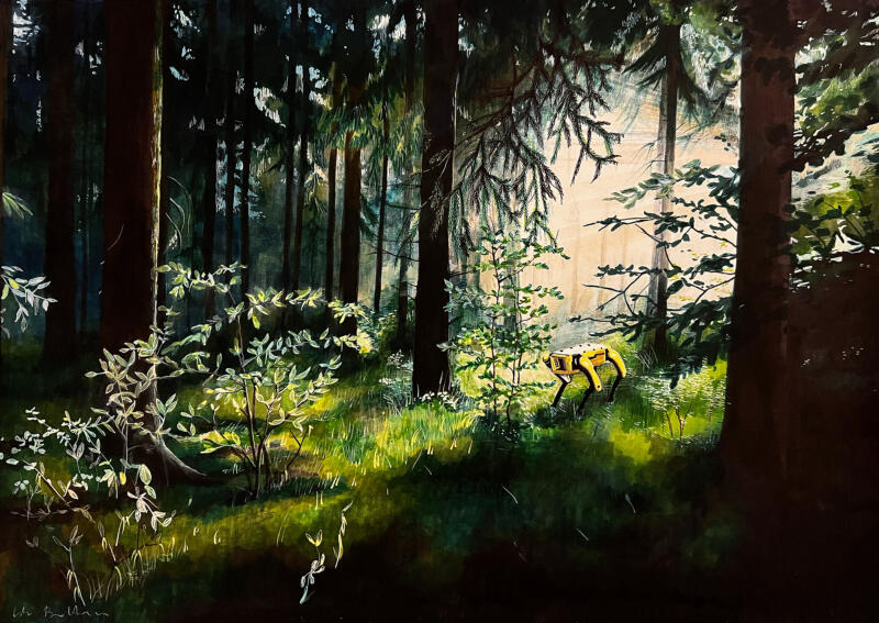 Robothund i en skogsglänta.