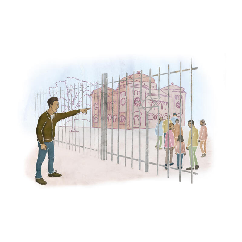 Man skriker antisemitiska ord utanför synagoga med en folksamling