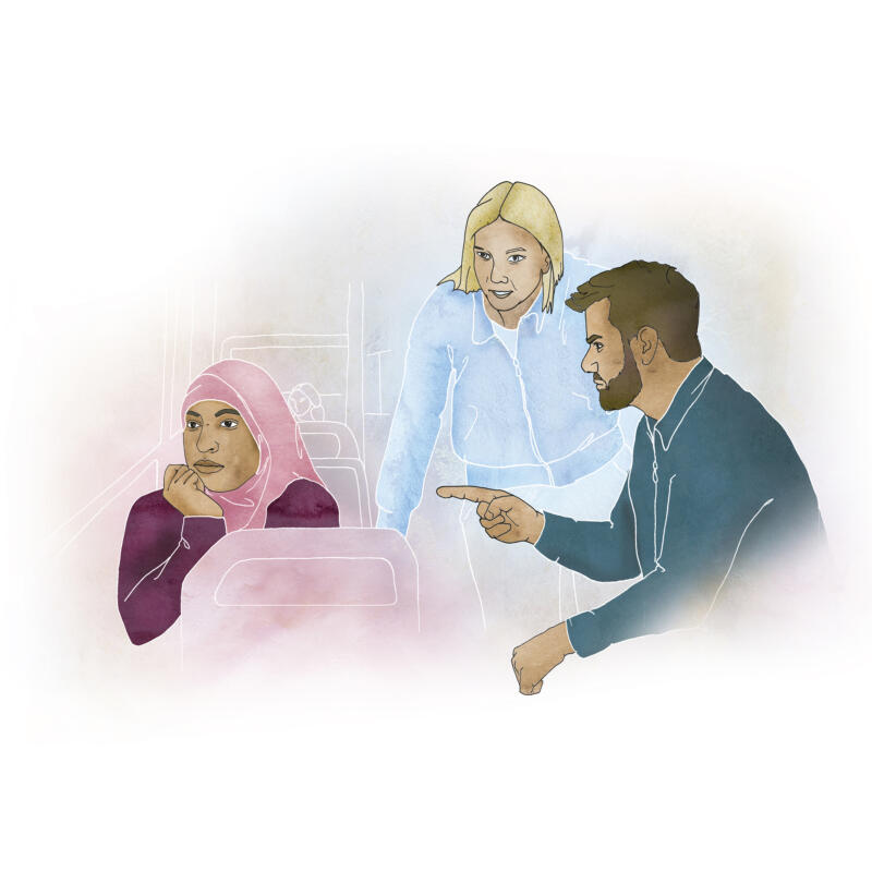 Illustration av muslims kvinna som blir hotad på en buss