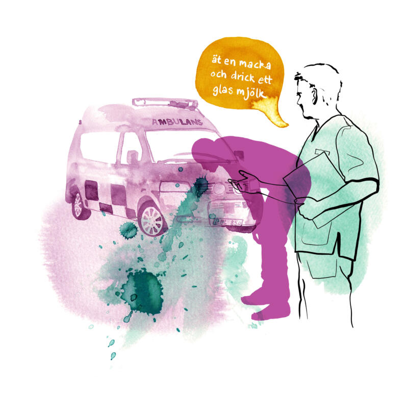Illustration i akvarell föreställande en man som spyr med en ambulans i bakgrunden och en läkare som säger något i en pratbubbla.