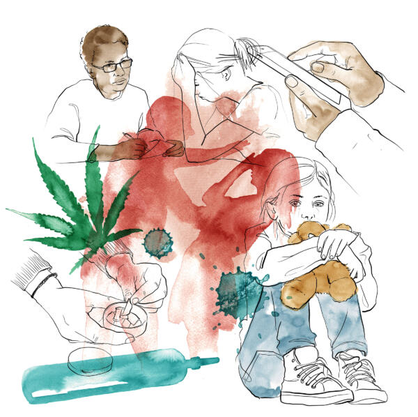 Illustration av barn som upplever våld i hemmet. Psykisk ohälsa. Illustrationen föreställer en ledsen flicka med ett gosedjur, en tonårstjej som pratar med en kurator, droger.