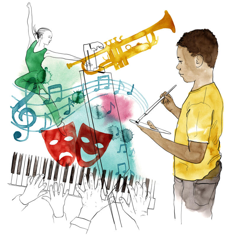 Illustration av en svart pojke som målar, händer som spelar piano, dans och teater.