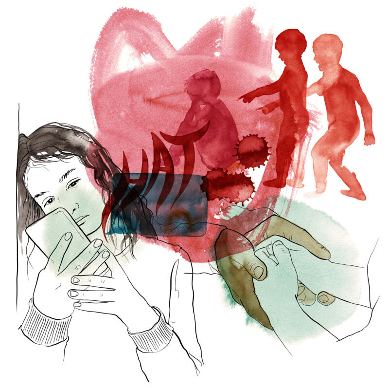 Illustration av en tjej som är ledsen och tittar i sin mobil. I bakgrunden en kille som blir mobbad i skolan.