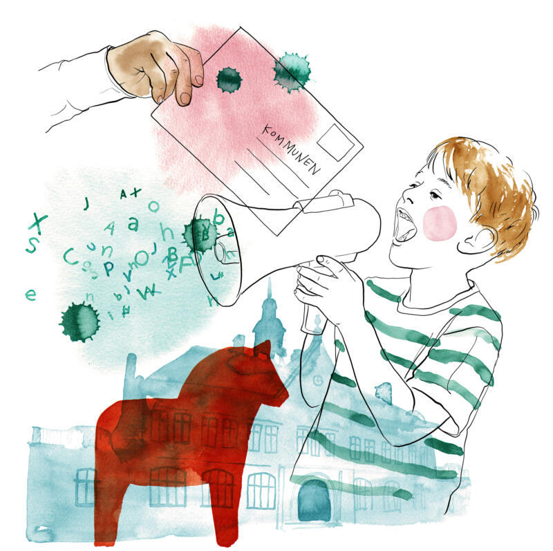 Illustration i akvarell av en pojke som skriker i en megafon, en dalahäst, kommunhus och ett barn som lämnar ett brev till kommunen