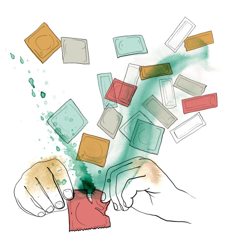 Illustration av händer som öppnar ett kondompaket