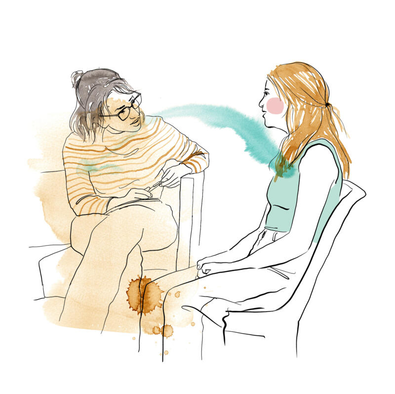 Illustration av en ung tjej som pratar med en kurator