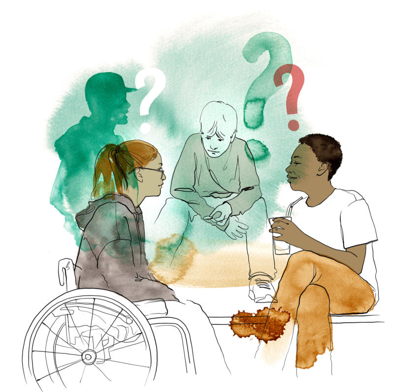 Illustration i akvarell av tre ungdomar som pratar.