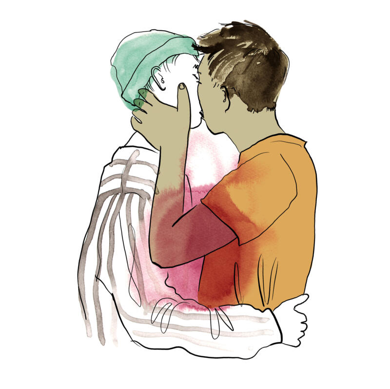 Illustration i akvarell av två pojkar som hysser varandra