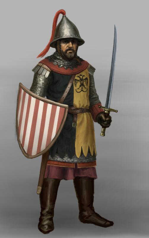 Bysantinsk soldat medeltida rustning svärd och sköld