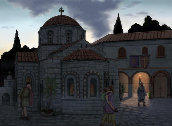 medeltida bysantinsk kyrka på kvällen i liten stad fackla i bakgrunden stenhus