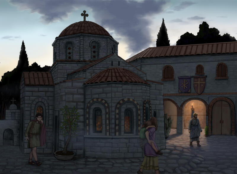 medeltida bysantinsk kyrka på kvällen i liten stad fackla i bakgrunden stenhus