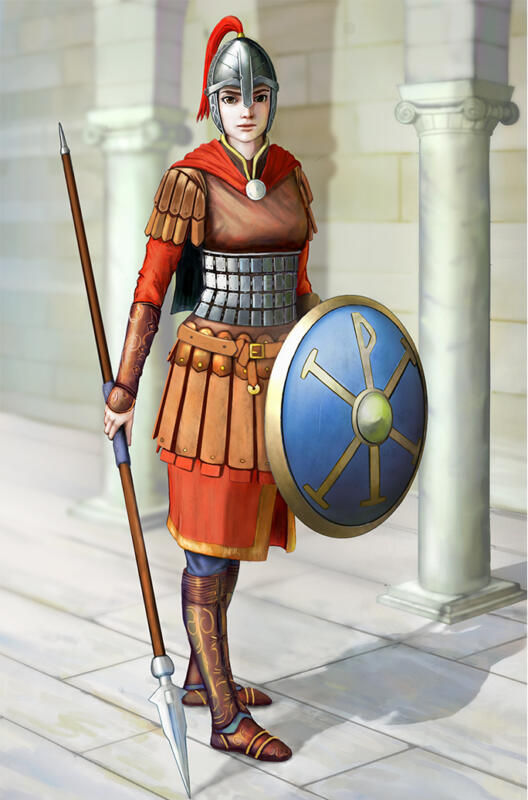 Kvinnlig krigare med spjut och sköld och rustning. marmor pelare i bakrunden. Röd klädnand