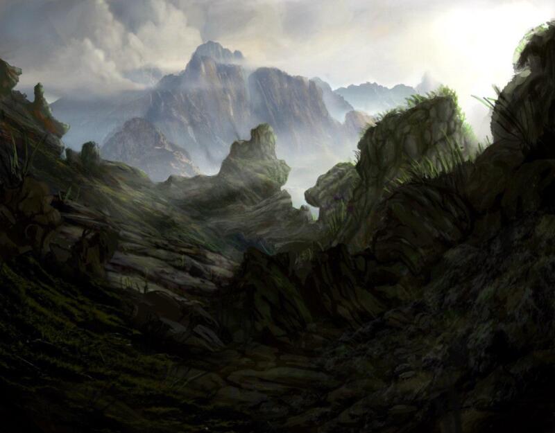 fantasilandskap med berg och solstrålar