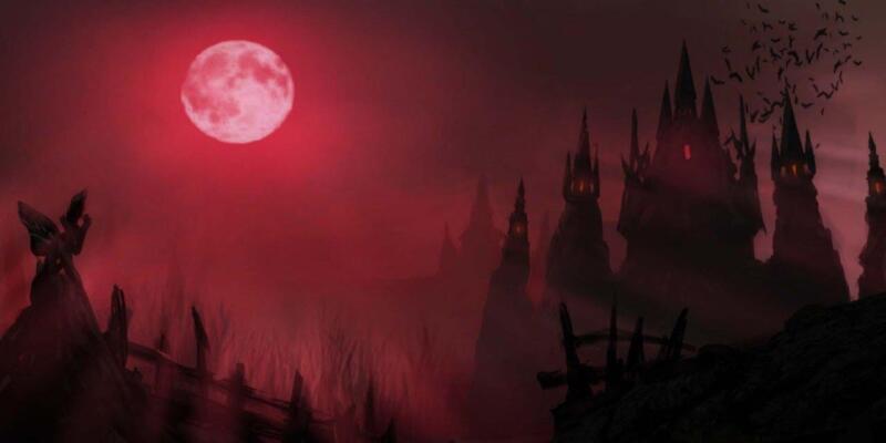 gotiskt slott röd himmel blodmåne mörk fantasi läskig