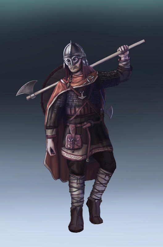 viking krigare med stridsyxa brynja och vikingahjälm 