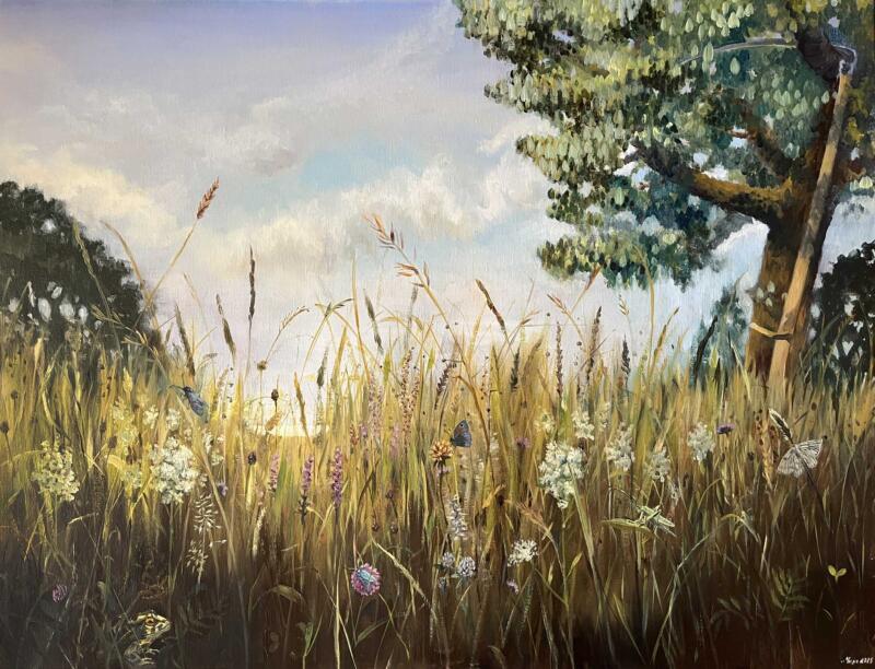 Oljemålning av äng med naturtrogna arter