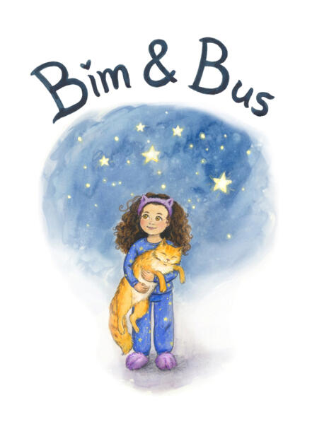 Illustration i akvarell från bilderboken Bim & Bus, en språkutvecklande bok för förskolan i samarbete med Teater Sagohuset. En flicka med mörkbrunt, stort lockigt hår och en blå pyjamas med stjärnor håller i en stor orange katt.