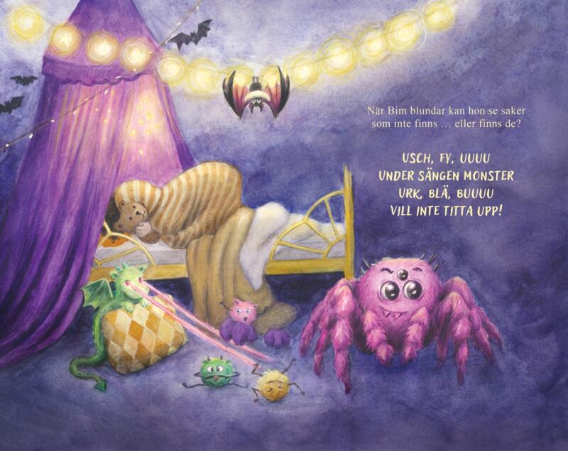 Illustration i akvarell från bilderboken Bim & Bus, en språkutvecklande bok för förskolan i samarbete med Teater Sagohuset. En flicka gömmer sig under täcket. I rummet syns söta, läskiga, färgglada monster.
