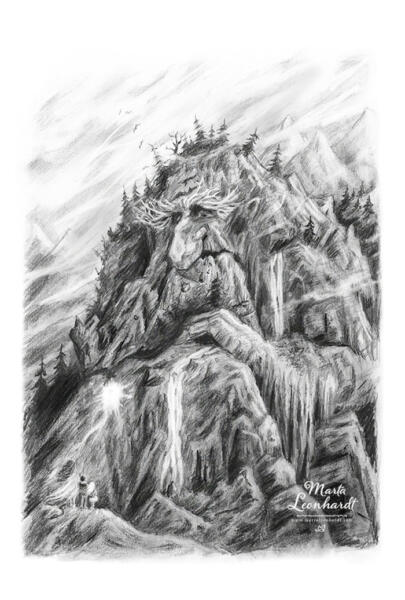 Bokillustration i kol av ett Bergatroll med träd. Illustration till barnboken "Skrothandlerens datter", med tema folktro och fantasy.