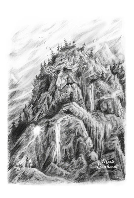 Bokillustration i kol av ett Bergatroll med träd. Illustration till barnboken "Skrothandlerens datter", med tema folktro och fantasy.