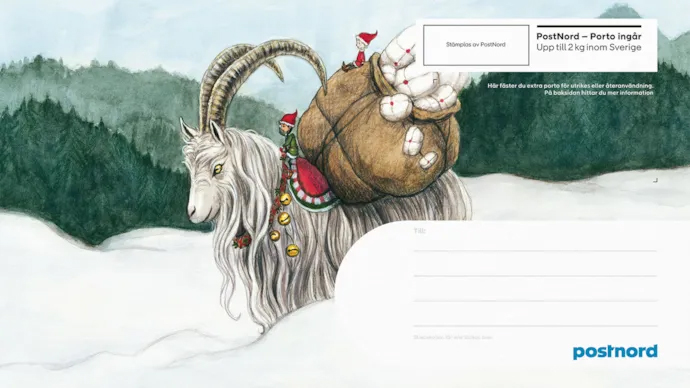 Presentpåse med illustration i akvarell av en julbock med två tomtenissar och en stor säck med julklappar, för PostNord. Inspirerat av folktro.  Landskap med skog och snö. Historiskt tema med nostalgi och magisk julkänsla. Gammaldags tomte.