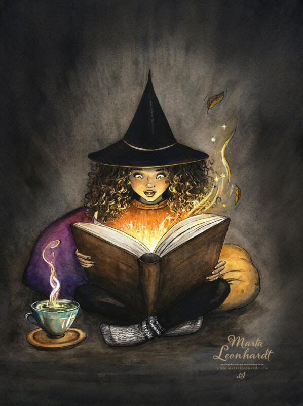 "Liten häxa", bokillustration fantasy i tusch och akvarell