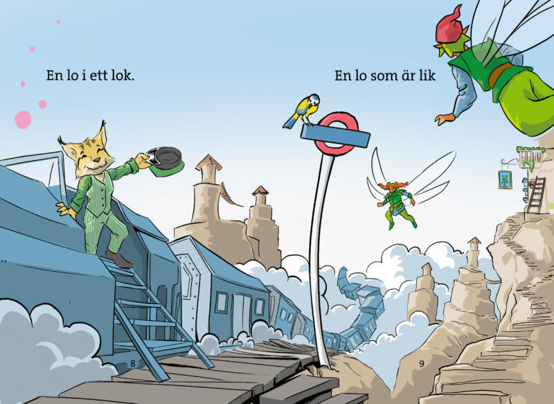 Uppslag från boken "En lo som är lik". Bilden föreställer ett flygande tåg som stannar vid en tågstation bland molnen. Ut kliver ett Lodjur i uniform som möts av två älvor.