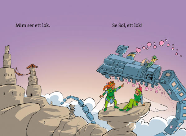 Uppslag från boken "En lo som är lik". Bilden föreställer två älvor som ser ett flygande tåg som körs av ett Lodjur.