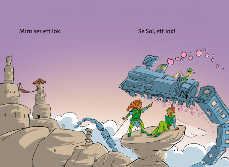 Uppslag från boken "En lo som är lik". Bilden föreställer två älvor som ser ett flygande tåg som körs av ett Lodjur.