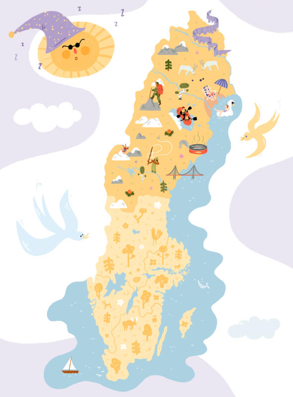 Illustrerad och lekfull karta över norra Sverige för Svensk Camping.
