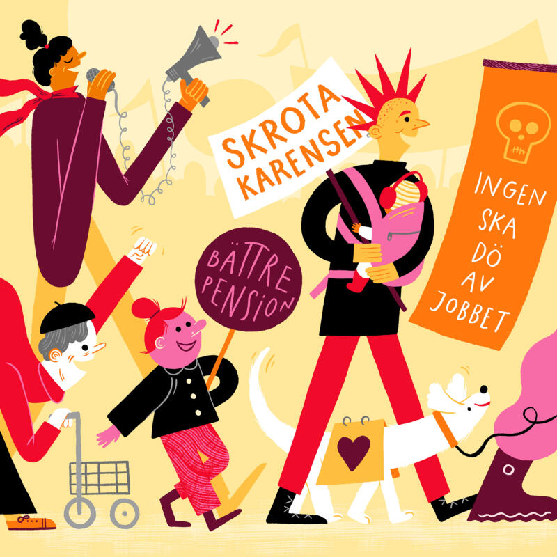 Ett demonstrationståg med barn, vuxna, pensionärer och hundar.