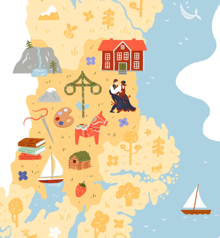 Illustrerad och lekfull karta över Mellansverige för Svensk Camping, beskuren bild.