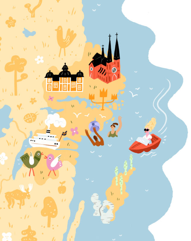 Illustrerad och lekfull karta över Destination Öst för Svensk Camping, beskuren bild.