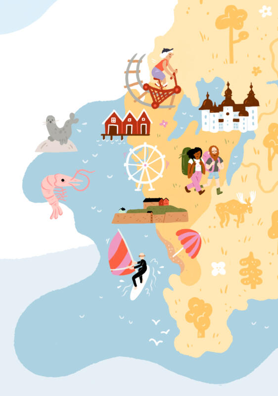 Illustrerad och lekfull karta över Västsverige för Svensk Camping, beskuren bild.