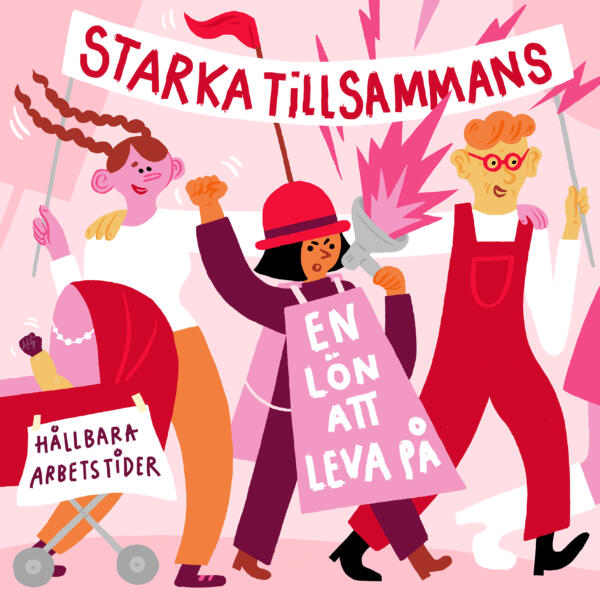 Ett demonstrationståg med banderoller, megafoner och skyltar.