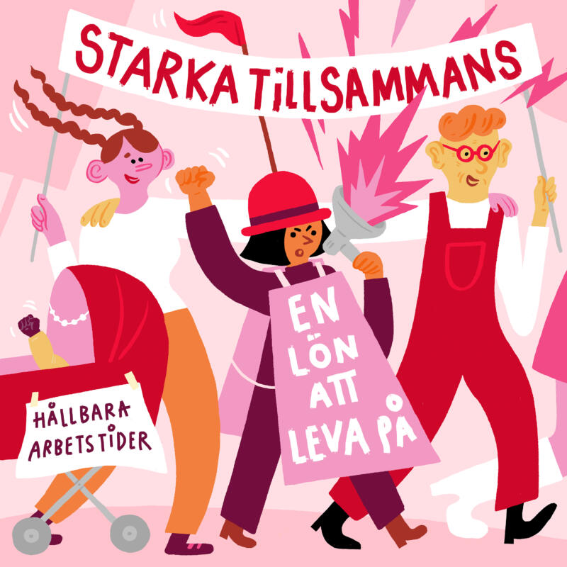 Ett demonstrationståg med banderoller, megafoner och skyltar.