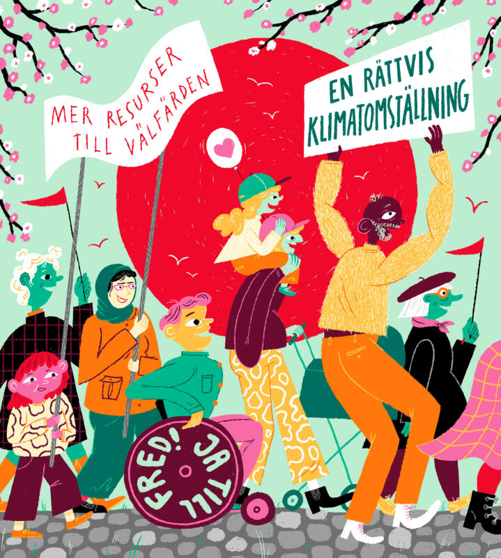 Ettt demonstrationståg med barn, vuxna, pensionärer, skyltar och ballonger.