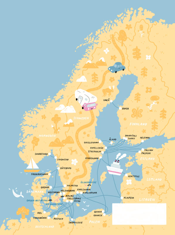 Illustrerad och lekfull karta över olika vägar till Sverige, för den tyska upplagan av katalogen Svensk Camping.