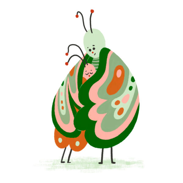 Trygghet, illustration med en vuxen fjäril som kramar sitt barn.