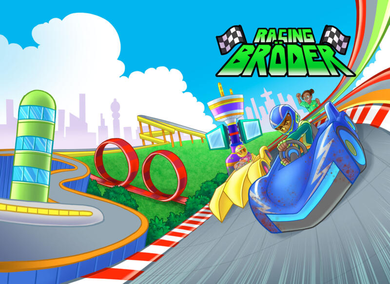 Digital teckning i manga stil av ett race med fantasifulla bilar i en färgglad stad.