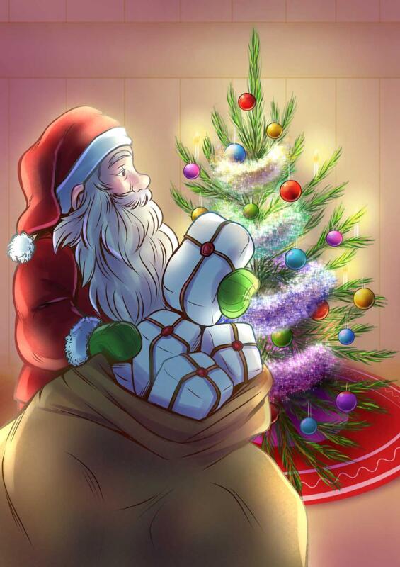 Tomte med säck och paket framför julgran