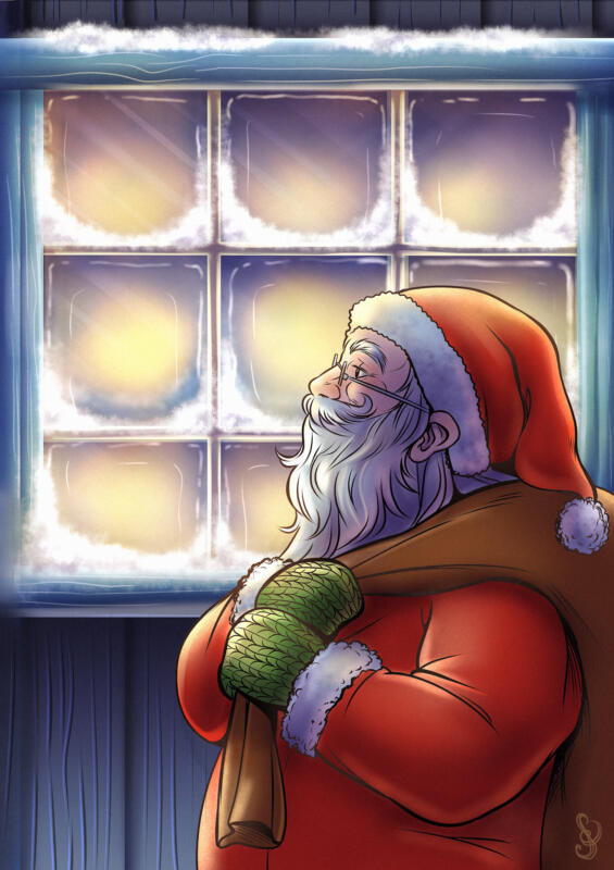 Tomte med säck utanför fönster