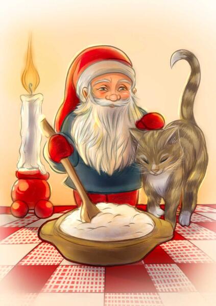 Svensk tomte med katt, ljus och grötfat