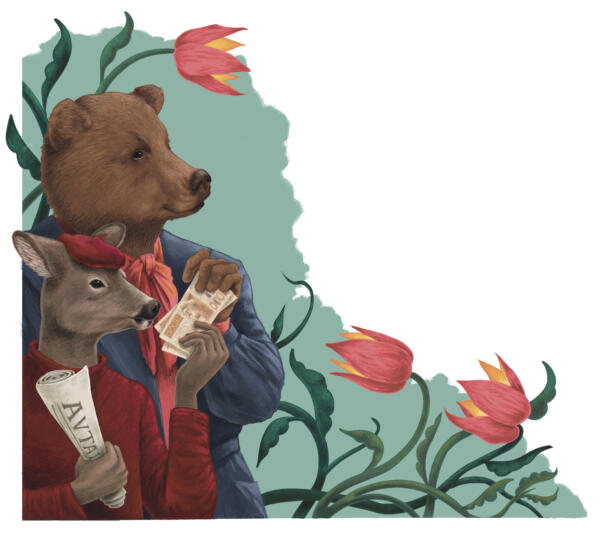 Illustration i tidningen Akt som föreställer en björn och ett rådjur i människokläder.