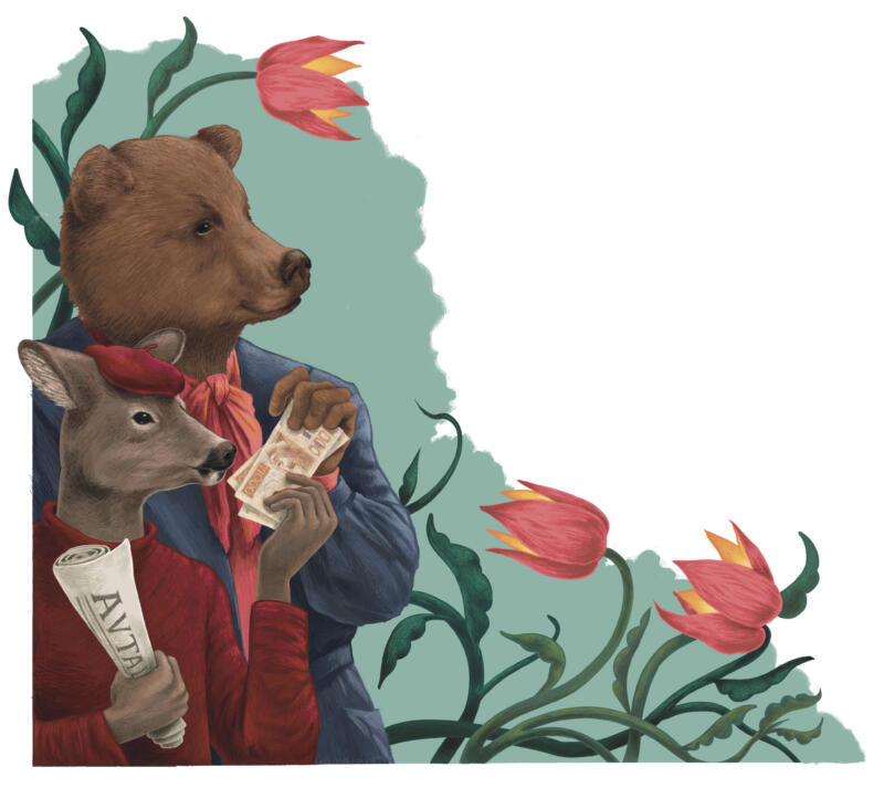 Illustration i tidningen Akt som föreställer en björn och ett rådjur i människokläder.